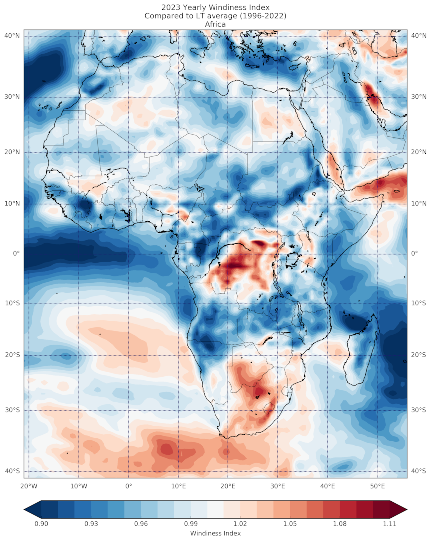 2023 Yearly Windiness Index Compared to LT average (1996-2022) Africa