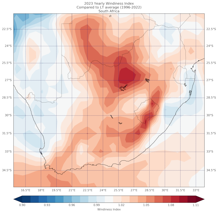 2023 Yearly Windiness Index Compared to LT average (1996-2022) South Africa