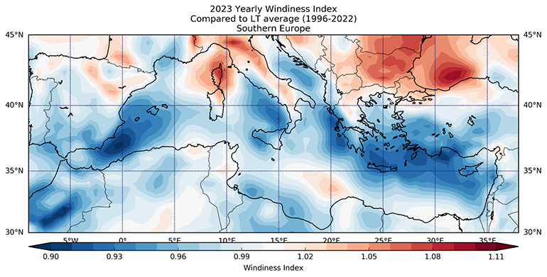 2023 Yearly Windiness Index Southern Europe