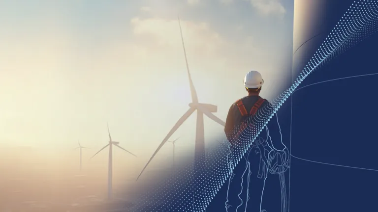 Windfarm engineer with hard hat standing on a wind turbine with a rope in the hands, blue sky in the background and an animated drawn white transformation graphic