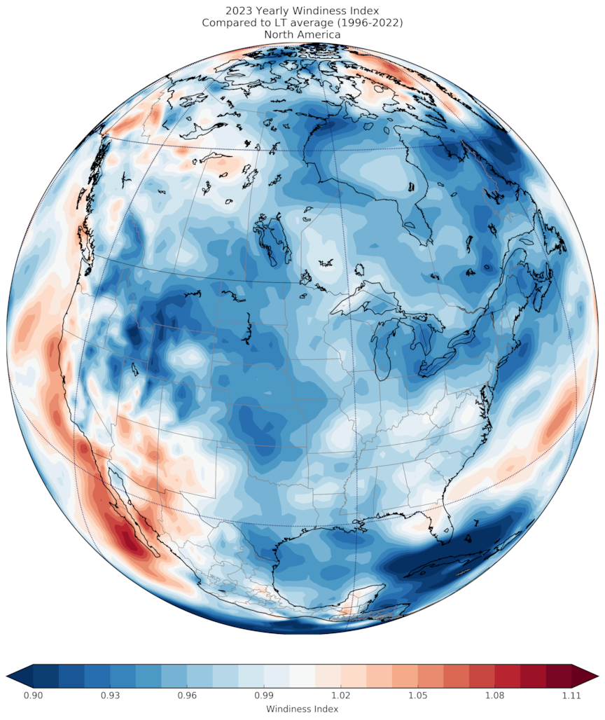 2023 Yearly Windiness Index Compared to LT average (1996-2022) North America