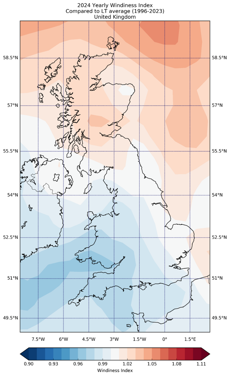 2024 Yearly Windiness Index Compared to LT average (1996-2023) United Kingdom