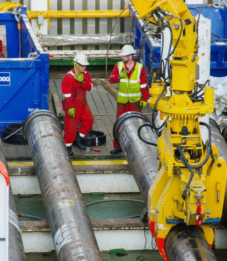 crewmembers handling drilling equipment