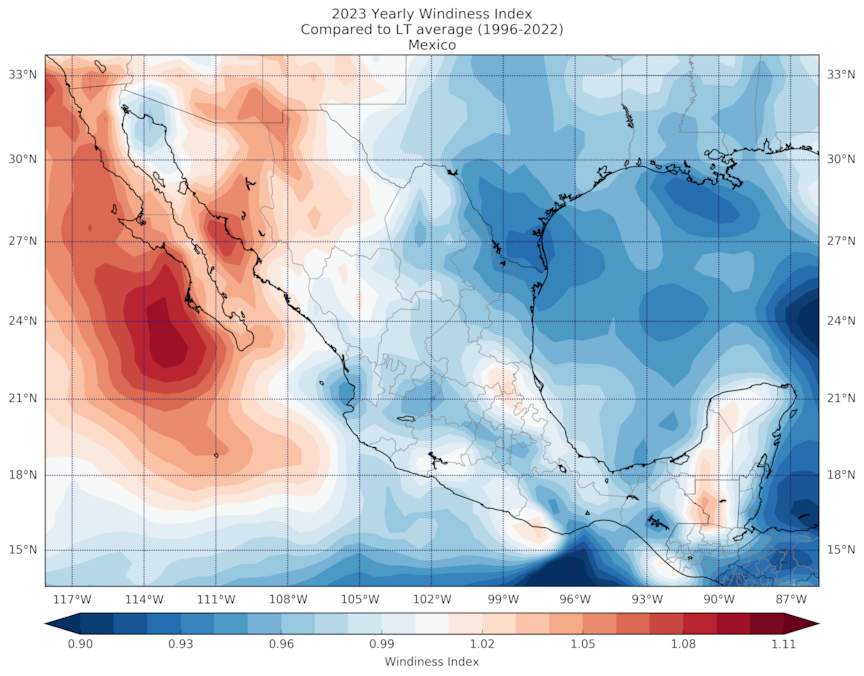 2023 Yearly Windiness Index Compared to LT average (1996-2022) Mexico