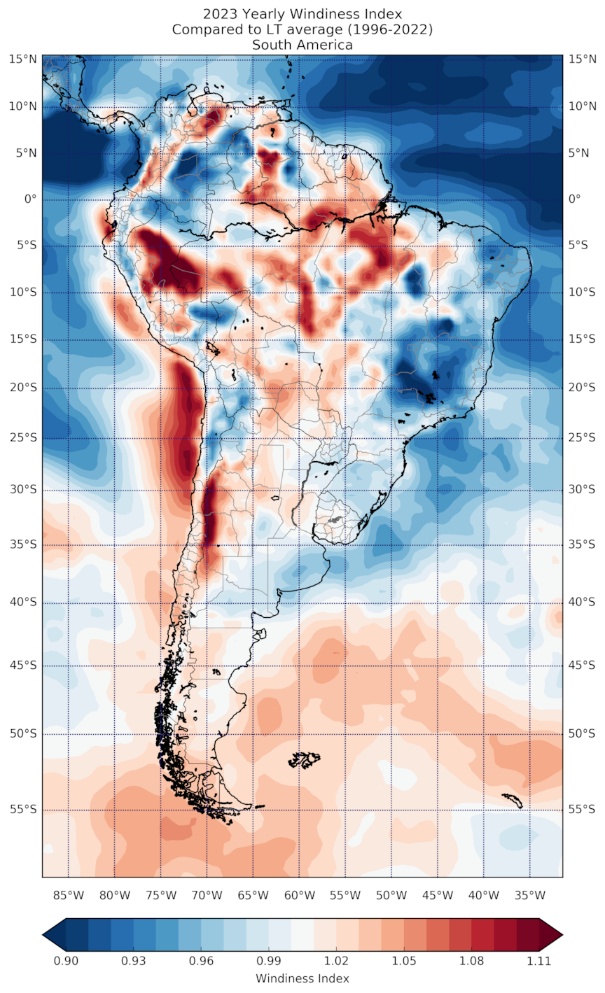 2023 Yearly Windiness Index Compared to LT average (1996-2022) South America