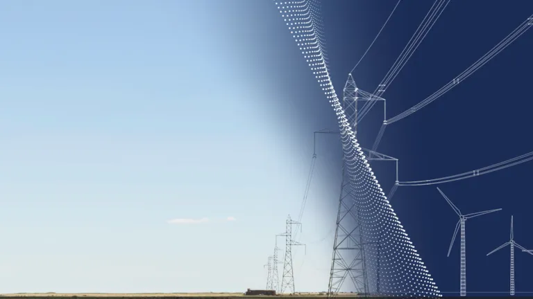 Power grid and wind turbines on a pylon field with clear blue sky in the background and an animated drawn white transformation graphic