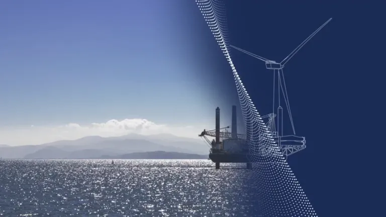 Oil rig and wind farm in a blue ocean with clear blue sky in the background with an animated drawn white transformation graphic