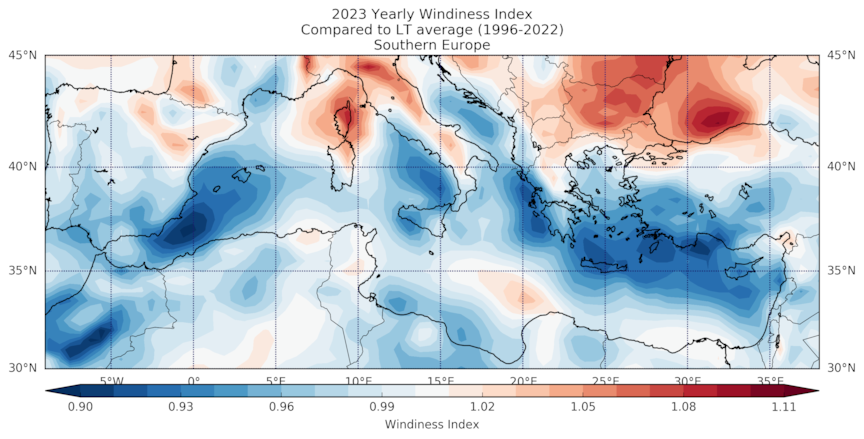 2023 Yearly Windiness Index Compared to LT average (1996-2022) Southern Europe