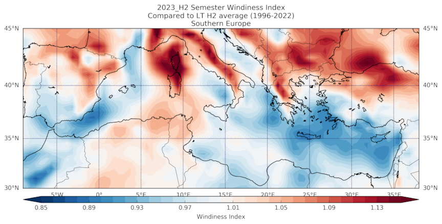 2023_H2 Semester Windiness Index Compared to LT H2 average (1996-2022) Southern Europe