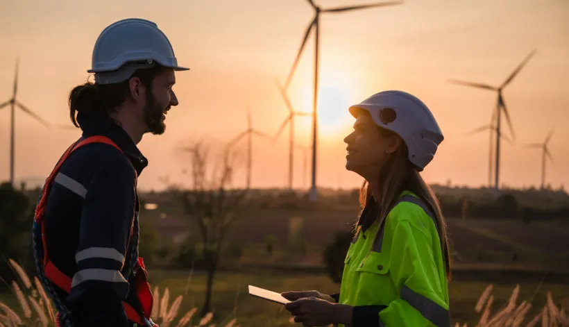 two wind farm engineers in discussion