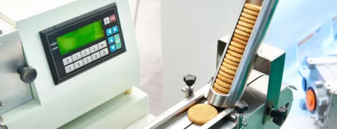 Cookies in the machine at the confectionery factory